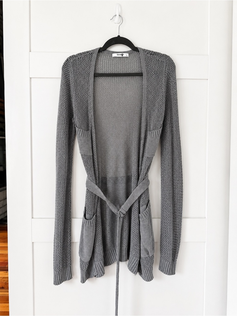 Kensie Girl Gray Open-Knit Cardigan with Tie Belt